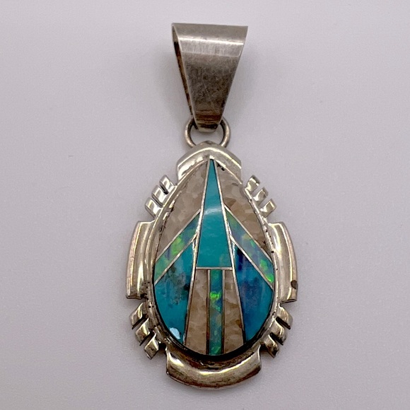 Multi Gemstone Turquoise & Opal Inlay Sterling Silver 925 Necklace Pendant